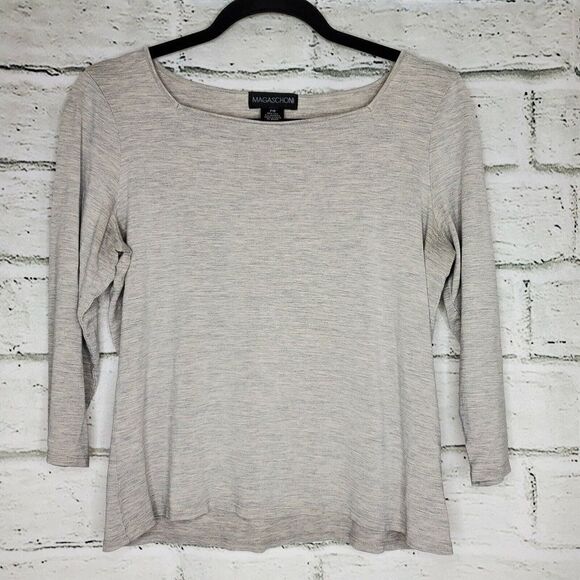 Magaschoni 3/4 Sleeve Silk Shirt Solid Gray Petite Medium casual square neck - Picture 1 of 6